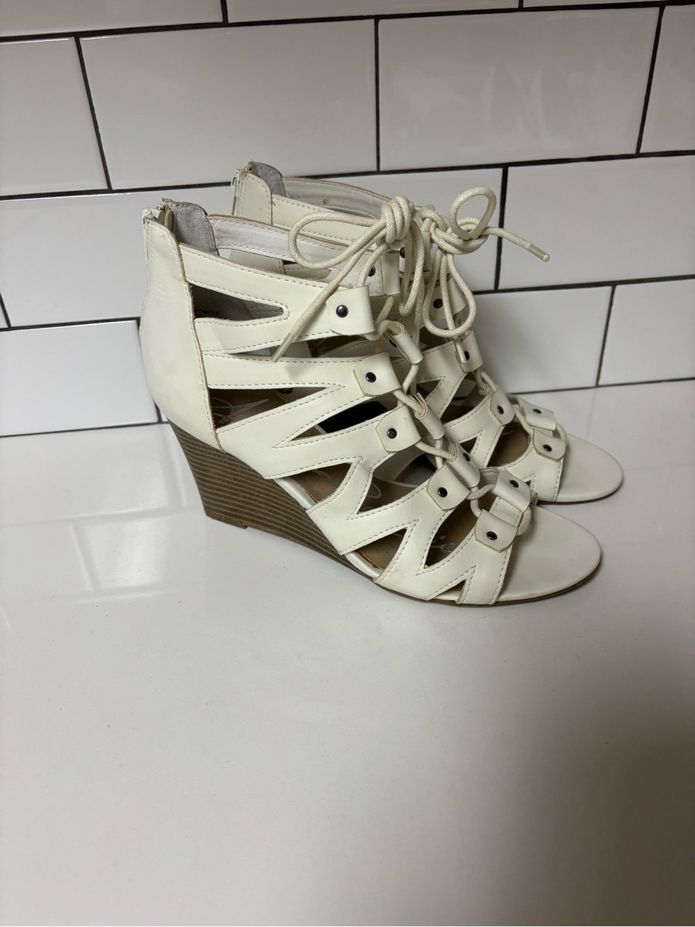 American Rag White Lace-Up Cutout Wedge Sandals
